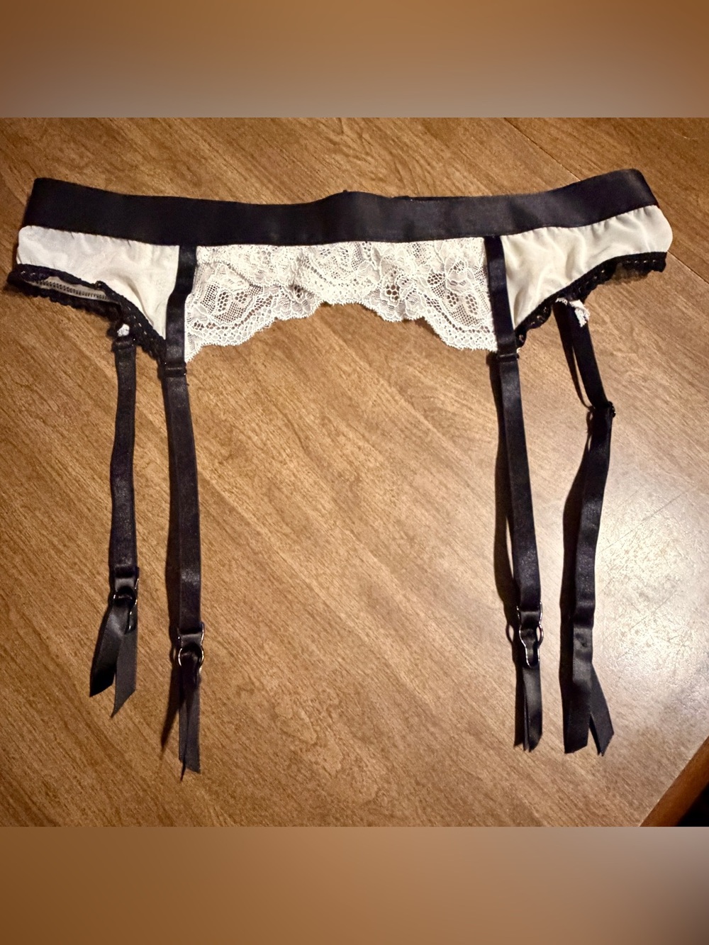 Vintage Garter Belt S M Cream Satin Lace Black Trim Tagless